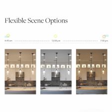 Diagram comparing warm, cool, and evening kitchen lighting scenes at 6:30 a.m., noon, and 7:30 p.m.