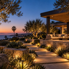Layered coastal outdoor lighting illuminating paths and landscaping at a modern San Diego home