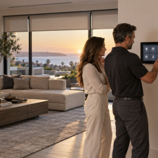 Homeowner and smart-home integrator reviewing a wall-mounted automation touchscreen beside an organized equipment rack.